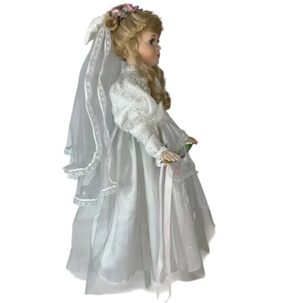 Vintage Porcelain Bride Doll Victorian Wedding Gown Blond Hair Bridal Doll 23 in